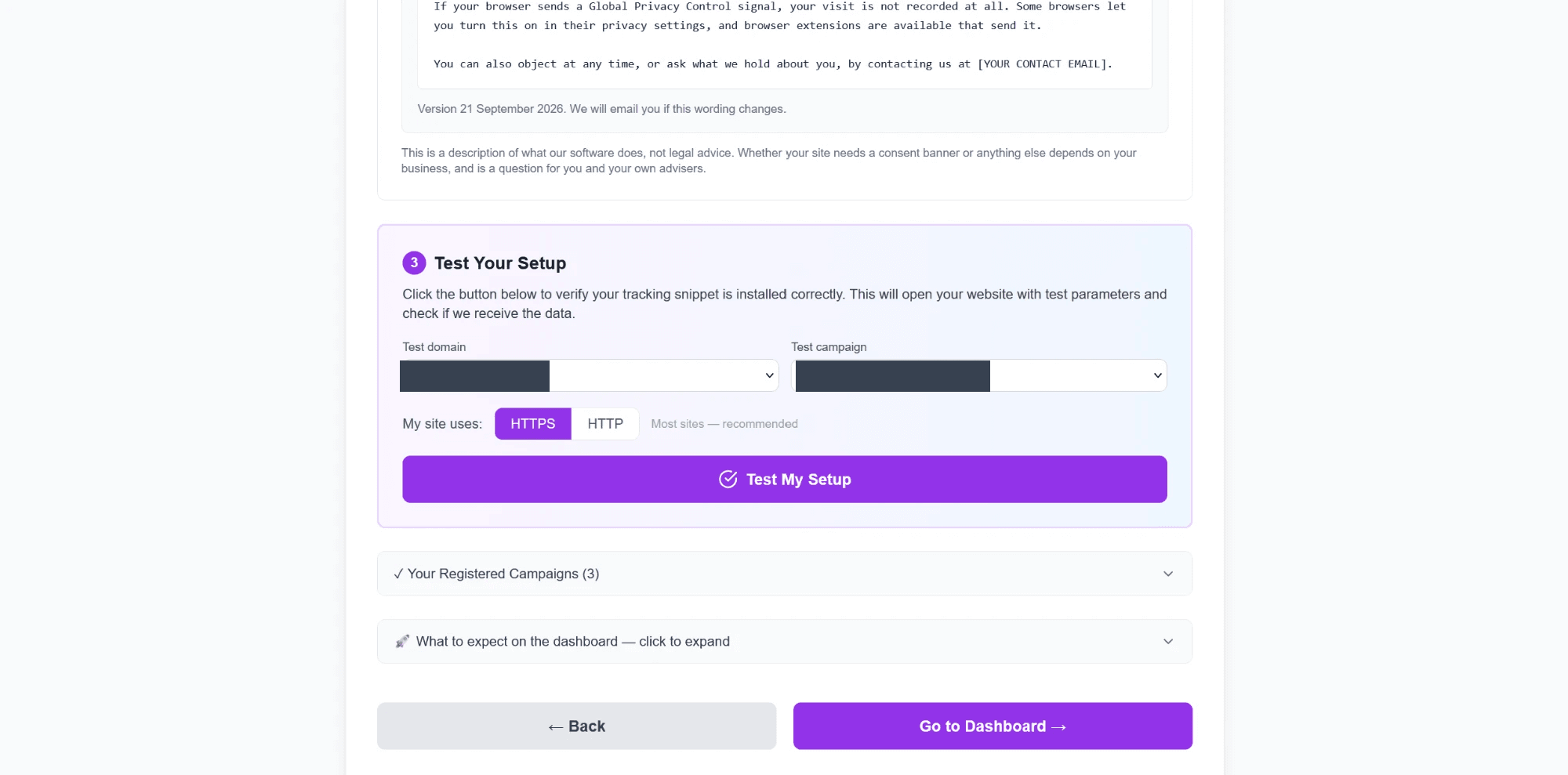 Test My Setup screen that verifies the tracking snippet is installed